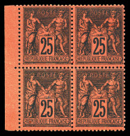 N°91, 25c Noir Sur Rouge En Bloc De Quatre (1ex *) Bord De Feuille Latéral, Fraîcheur Postale. SUPERBE. R.R. (certificat - 1876-1898 Sage (Type II)