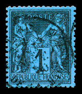 N°84, 1c Noir Sur Bleu De Prusse, Très Bon Centrage Et Oblitération Légère. SUPERBE. R.R. (signé Brun/Jamet/certificat)  - 1876-1898 Sage (Type II)