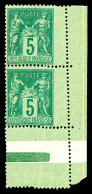 N°75, 5c Sage: Spectaculaire Variété De Piquage Décalé (timbres Plus Grands) Sur Paire Coin De Feuille. SUP (certificat) - 1876-1898 Sage (Type II)