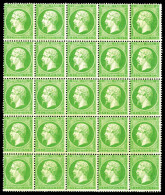 N°20g, 5c Vert Jaune Sur Verdâtre En Bloc De 25 Exemplaires (8 Ex*), Fraîcheur Postale. SUPERBE. R.R. (signé Calves/cert - 1862 Napoléon III