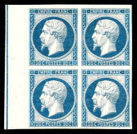 N°14Ai, 20c Bleu Laiteux En Bloc De Quatre (1ex*) Bord De Feuille Latéral Avec Filet D'encadrement, SUPERBE (certificat) - 1853-1860 Napoléon III