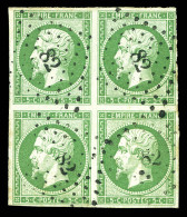 N°12, 5c Vert En Bloc De Quatre. TB (signé Scheller/certificat)  Qualité: Oblitéré  Cote: 1600 Euros - 1853-1860 Napoléon III