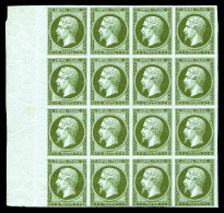 N°11, 1c Olive, Bloc De 16 Grand Bord De Feuille Latéral, Fraîcheur Postale. SUPERBE (signé Calves/certificat)  Qualité: - 1853-1860 Napoléon III