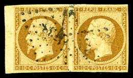 N°9, 10c Bistre En Paire Horizontale, Bord De Feuille, TTB (signé Brun/certificat)  Qualité: Oblitéré  Cote: 1900 Euros - 1852 Louis-Napoléon