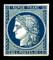 N°8a, Non émis, 20c Bleu Foncé, Quatre Marges équilibrées, R.R. TTB (signé/certificat)  Qualité: *  Cote: 4400 Euros - 1849-1850 Cérès