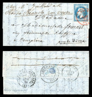 LA GIRONDE', 20c Lauré Obl Càd Paris 'SC' Du 7 Nov 70 Sur Lettre Avec Cachet D'arrivée à Courpiere. Réexpédiée à Veyre L - Oorlog 1870