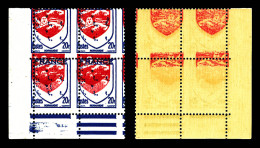 N°605d, 20f Normandie, Couleur Jaune Absente Et Rouge à Cheval + Rouge Recto-verso En Bloc De Quatre Bdf. SUP (certifica - Unused Stamps
