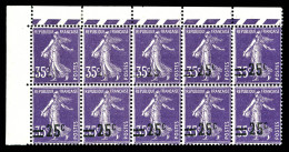 N°218c, 25c Sur 35c Semeuse, Surcharge Absente Sur 3 Exemplaires Tenant à Normaux En Bloc De 10 Exemplaires Cdf. SUPERBE - Unused Stamps