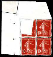 N°138, 10c Semeuse, Impression Partielle Due à Un Pliage Accidentel Tenant à Exemplaires Normaux En Bloc De 4 Cdf. SUP.  - Unused Stamps