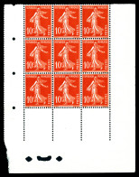 N°138fa, 10c Semeuse Type II PAPIER X: Bloc De 9 Bas De Feuille, Quelques Froissures (1ex*), Provenant Des Feuilles De P - Unused Stamps