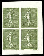 N°130, 15c Semeuse Type V, Bloc De Quatre Composé De 2 Paires Verticales Non Dentelées Provenant De Carnet. SUPERBE. R.R - Unused Stamps
