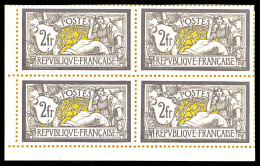 N°122, 2F Violet Et Jaune: Tirage Sur Bristol Avec Dentelure Figurée En Bloc De Quatre Coin De Feuille, Très Jolie Pièce - Unused Stamps