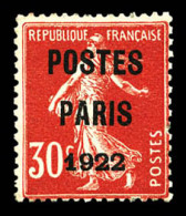 N°32, 30c Rouge Surchargé 'POSTE PARIS 1922', Petites Imperfection De Gomme Sinon TB (certificat)  Qualité: *  Cote: 750 - 1893-1947