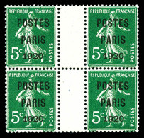 N°24, 5c Vert Surchargé 'POSTES PARIS 1920' En Bloc De Quatre Avec Interpanneau, TB (signé Brun/certificat)  Qualité: ** - 1893-1947