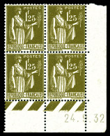 N°287, Paix, 1F 25 Olive En Bloc De Quatre Coin De Feuille Daté Du 24/9/1932, Jolie Pièce, TB (certificat)  Qualité: **  - 1930-1939
