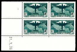 N°321, Traversée De L'Atlantique Sud, 10F Vert Foncé En Bloc De Quatre Coin De Feuille Daté Du 31.7.36, Très Bon Centrag - 1930-1939