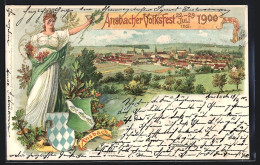 Lithographie Ansbach / Mfr., Ansbacher Volksfest 1900, Ortsansicht, Wappen  - Sonstige & Ohne Zuordnung