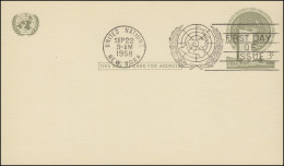 UNO New York Postkarte P 2 UNO-Hauptquartier 3 Cent Oliv 1958, FDC 22.9.1958 - Otros & Sin Clasificación