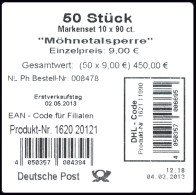 FB 30 Möhnetalsperre, Folienblatt - Banderole Für 10 Markensets Mit DHL-Code - 2011-2020