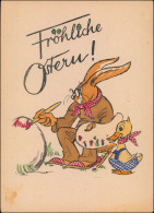 Ansichtskarte  Ostern Hase Malt Eier Ente - Handcoloriert 1955 - Pâques