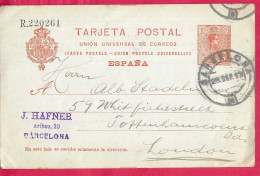 SPAGNA -INTERO CARTOLINA POSTALE ALFONSO 10 C. (MICHEL P49) DA "BARCELONA*28.SEP.13* PER LONDRA - 1850-1931