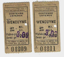 VICINAL De La Côte Belge   - De  OOSTENE  Vers WENDUYNE-  Lot De 2 Tickets Surchargés Du Nouveau Prix -  01/08/1936 –-> - Spoorweg