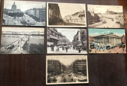 7 Postcards Lot European Cities Street Scenes Traffic Trams Cars Buses Horse Drawn Vehicles Early 20th Century - Colecciones Y Lotes