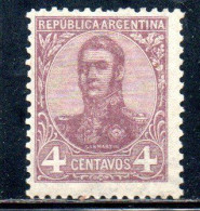 ARGENTINA 1908 1909 JOSE DE SAN MARTIN 4c MH - Nuevos