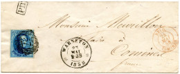 BELGIQUE - 20C MEDAILLON MARGE D57 WARNETON SUR LETTRE FRONTALIERE POUR COMINES AVEC RARE ENTREE BELG. COMINES, 1858 - 1858-1862 Medaglioni (9/12)