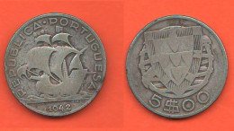 Portugal 5 Escudos 1942 Portogallo Silver Coin  C 9 - Portugal
