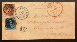 Lettre 10/04/1853 - Affr. OBP 7+8 Obl. P24 Bruxelles > Londres - Cachet Ambulant Ouest No 1 - 1851-1857 Medallones (6/8)