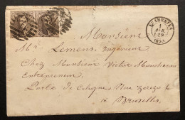 Lettre 01/04/1859 - Affr. OBP 10A (x2) Obl. P91 8 Barres Frameries > Bruxelles - 1858-1862 Medallions (9/12)