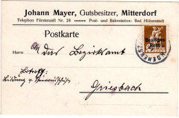 DR 1921,40 Pf. Auf Vordruck Karte V. Gut Mitterdorf M. Stpl. HOEHENSTADT - Lettres & Documents