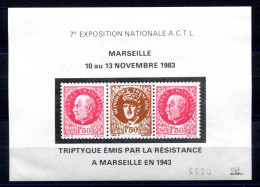 RC 27326 FRANCE 1983 TRIPTYQUE EMIS PAR LA RÉSISTANCE MARSEILLE 1943 BLOC FEUILLET FAC SIMILÉ EMIS LORS DE L EXPOSITION - Briefmarkenmessen