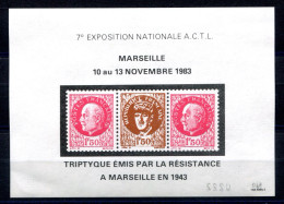 RC 27326 FRANCE 1983 TRIPTYQUE EMIS PAR LA RÉSISTANCE MARSEILLE 1943 BLOC FEUILLET FAC SIMILÉ EMIS LORS DE L EXPOSITION - Esposizioni Filateliche