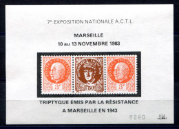 RC 27327 FRANCE 1983 TRIPTYQUE EMIS PAR LA RÉSISTANCE MARSEILLE 1943 BLOC FEUILLET FAC SIMILÉ EMIS LORS DE L EXPOSITION - Expositions Philatéliques