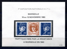 RC 27329 FRANCE 1983 TRIPTYQUE EMIS PAR LA RÉSISTANCE MARSEILLE 1943 BLOC FEUILLET FAC SIMILÉ EMIS LORS DE L EXPOSITION - Expositions Philatéliques