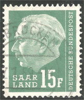779 Sarre 1957 President Heuss 15F SAARBRUCKEN (SAA-95b) - Used Stamps