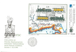 Finland   1987  International Stamp Exhibition FINLANDIA '88, Helsinki (III): Mail Carriage By Railroad. Mi Bloc 3  FDC - Cartas & Documentos