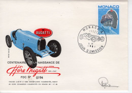 Monaco FDC- Centenaire De ETTORE BUGATTI - Bugatti T35 - Avec Signature Du Graveur René Baur- 1v Envelope Prémier Jour - Auto's