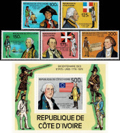 IVORY COAST 1976 Mi 497-501 + BL 6 BICENTENARY OF AMERICAN REVOLUTION MINT STAMPS + MINIATURE SHEET ** - Indipendenza Stati Uniti