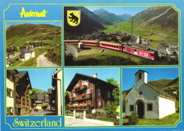 ANDERMATT, URI, MULTIPLE VIEWS, ARCHITECTURE, EMBLEM, CAR, TRAIN, MOUNTAIN, CHAPEL, SWITZERLAND, POSTCARD - Andermatt