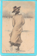HENRI BOUTET - Femme Long Manteau, De Dos, Dans Le Vent - Boutet