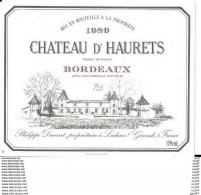 ETIQUETTES DE VIN. Château D'HAURETS 1989  (Bordeaux).  P. Ducourt. 0.75cl. ..G990 - Bordeaux