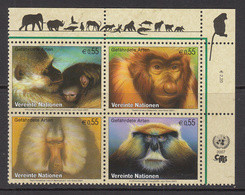 2007 United Nations Vienna Endangered Animals Monkeys Primates Block Of 4 MNH @ BELOW FACE VALUE - Nuevos