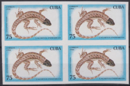 1994.349 CUBA MNH 1994 75c IMPERFORATED PROOF LIZARD LAGARTOS GECKO BLOCK 4.  - Imperforates, Proofs & Errors