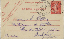Semeuse 10c Rouge Carte Lettre De Boulogne Sur Mer 22 Février 1909 Pour Boulogne - Kaartbrieven