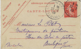 Semeuse 10c Rouge Carte Lettre De Boulogne Sur Mer 22 Février 1909 Pour Boulogne - Kartenbriefe