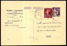 Entier Postal Type Paix 363 CP1 Avec Complément Type Semeuse YT 189 Repiquage Albert Cacheux, Avoué 59 Avesnes-sur-Helpe - Overprinter Postcards (before 1995)