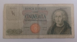 BANKNOTE MONEY PAPER 5000 LIRE I TYPE CRISTOFORO COLOMBO SERIES D 0074 CARLI -PACCINI 20-08-64 FAIR PRESERVATION SCS - 5.000 Lire